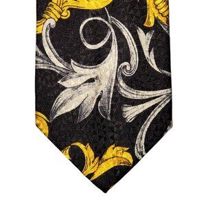 Vintage Brioni Necktie Black Gold Silver Floral Abstract Silk Italy Gold Chain